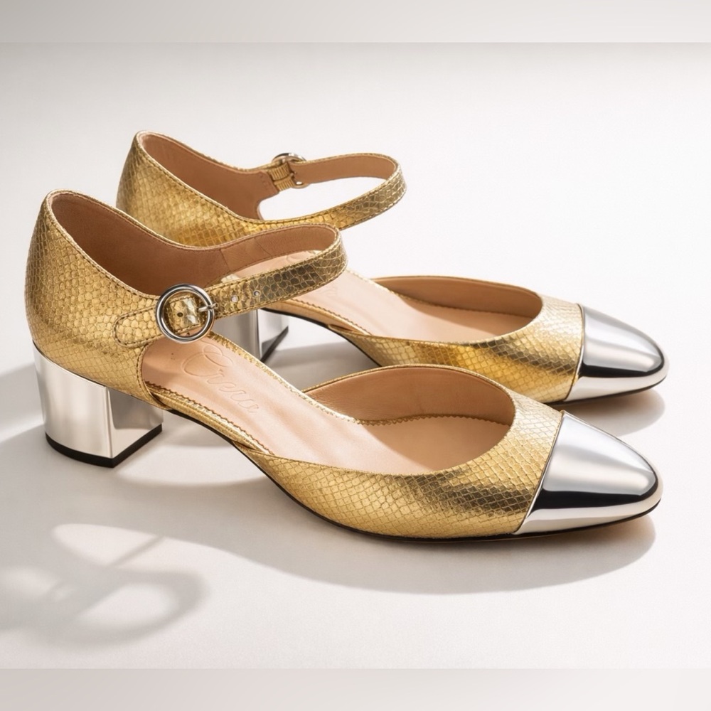 J Crew Millie maryjane heels, snake-embossed gold leather, silver cap toes,8.5 - Picture 2 of 16